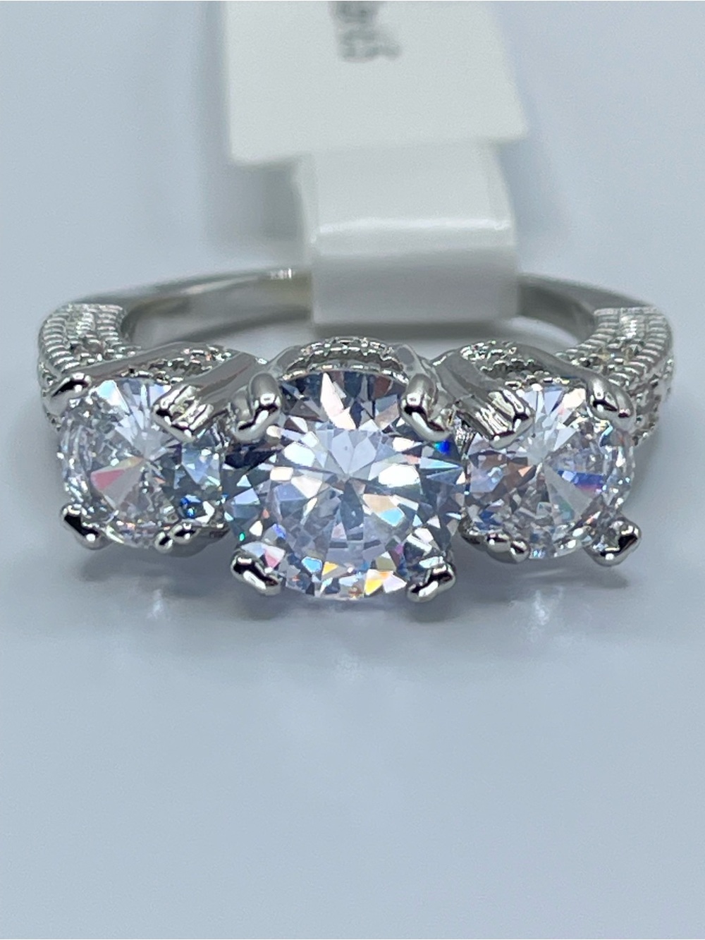 Swarovski Crystal Elements White Crystal Three Stone Art Deco Ring Size 6.5